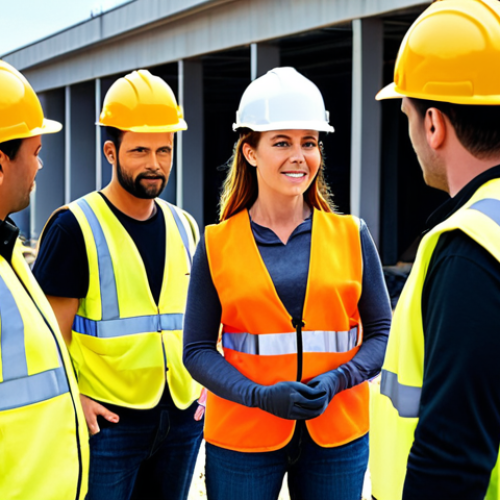 Home 13 A visionary female construction safety leader, confidently interacting with a diverse team of workers on a bustling, modern construction site. She is wearing a hard hat and safety vest, her posture conveying leadership, empathy, and open communication. The scene should emphasize a collaborative atmosphere, with workers looking engaged and a sense of shared purpose towards creating a proactive safety culture. Bright, professional lighting highlights the human connection and the leader's clear vision for a safe future.