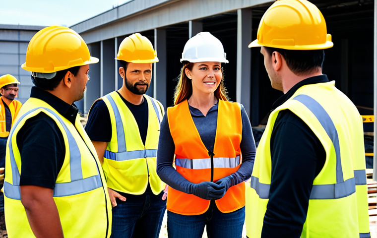 A visionary female construction safety leader, confidently interacting with a diverse team of workers on a bustling, modern construction site. She is wearing a hard hat and safety vest, her posture conveying leadership, empathy, and open communication. The scene should emphasize a collaborative atmosphere, with workers looking engaged and a sense of shared purpose towards creating a proactive safety culture. Bright, professional lighting highlights the human connection and the leader's clear vision for a safe future.