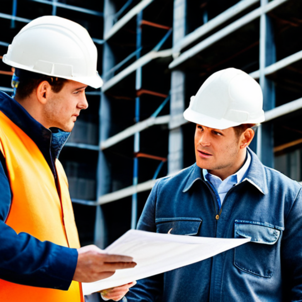Construction Safety Consultation**
"A professional safety engineer, fully clothed in appropriate work attire, consulting with a construction foreman on a building site. The engineer is pointing to blueprints. Background includes scaffolding and construction workers wearing hard hats. Professional photography, perfect anatomy, correct proportions, natural pose, safe for work, appropriate content, fully clothed, professional, modest, family-friendly."
**