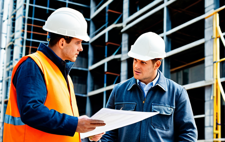 Construction Safety Consultation**

"A professional safety engineer, fully clothed in appropriate work attire, consulting with a construction foreman on a building site. The engineer is pointing to blueprints. Background includes scaffolding and construction workers wearing hard hats. Professional photography, perfect anatomy, correct proportions, natural pose, safe for work, appropriate content, fully clothed, professional, modest, family-friendly."

**