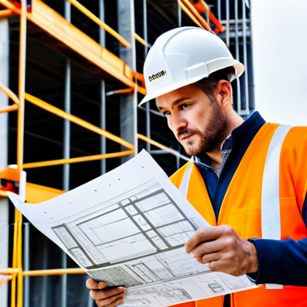 건설안전 관련 대학원 과정 정보 - **
"A construction site safety manager in a hard hat and safety vest, reviewing blueprints with a t...