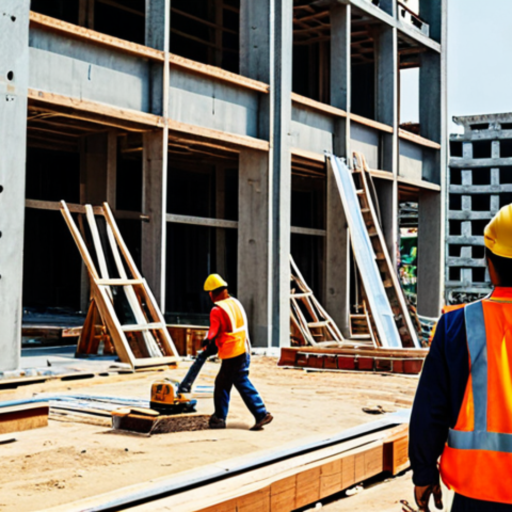 건설안전기사로 취업한 신입사원 이야기 - "Construction site bustling with activity, Thai construction workers in hard hats and safety vests, ...