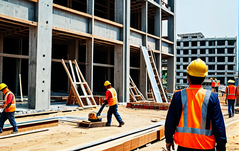 건설안전기사로 취업한 신입사원 이야기 - "Construction site bustling with activity, Thai construction workers in hard hats and safety vests, ...