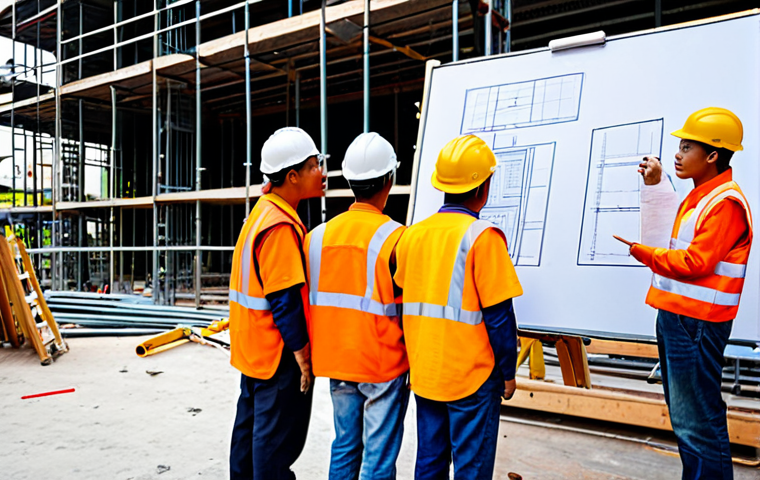 건설안전 실무를 위한 필수 법규 - Construction Site Safety Meeting**
"A group of construction workers, fully clothed in appropriate a...