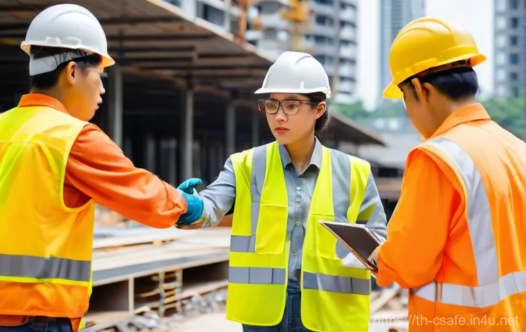 건설안전기사 수험생의 추천 학습법 - **Prompt:** A bustling, well-organized construction site in a modern Thai city at midday. The scene ...