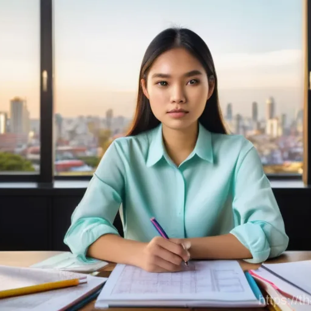 건설안전기사 시험 실패 후 재도전 사례 - **Focused Study and Mind Mapping:**
    "A young Thai woman in her early 20s, with a determined and ...