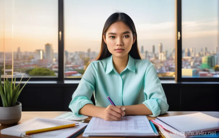 건설안전기사 시험 실패 후 재도전 사례 - **Focused Study and Mind Mapping:**
"A young Thai woman in her early 20s, with a determined and ...