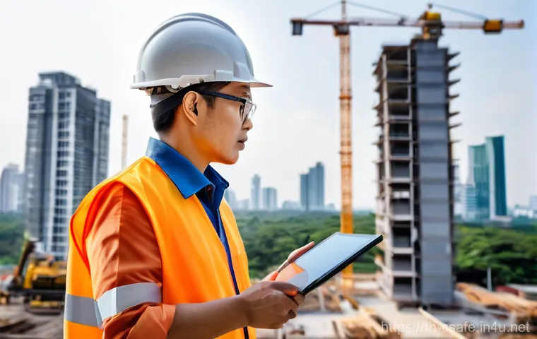 건설안전 전문가를 위한 자격증 추가 취득법 - Prompt 1: Modern Construction Site Safety Inspection with Advanced Technology**