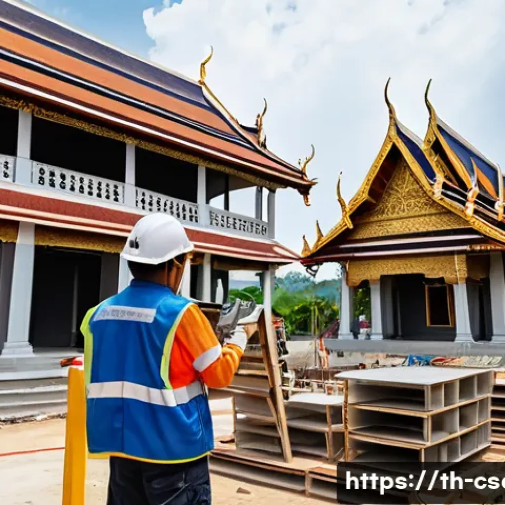 건설안전기사 실기 시험을 위한 현장 경험 쌓기 - A detailed construction site scene in Thailand during daytime, showing workers wearing safety helmet...