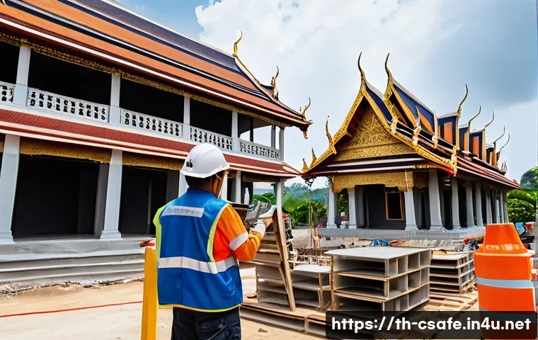 건설안전기사 실기 시험을 위한 현장 경험 쌓기 - A detailed construction site scene in Thailand during daytime, showing workers wearing safety helmet...