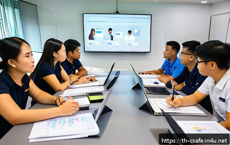 건설안전기사 필기 및 실기 추천 강의 - A modern Thai construction training classroom scene showing a diverse group of adult students attent...