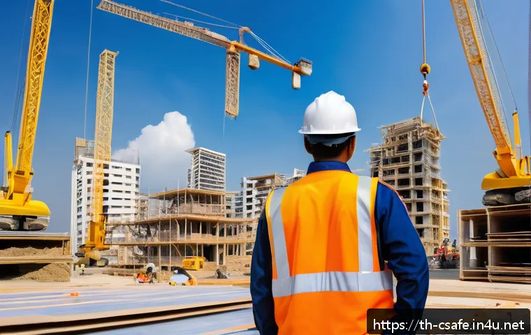 건설안전 실무자를 위한 법적 의무 및 책임 - A detailed construction site scene in Thailand featuring diverse Thai construction workers wearing p...