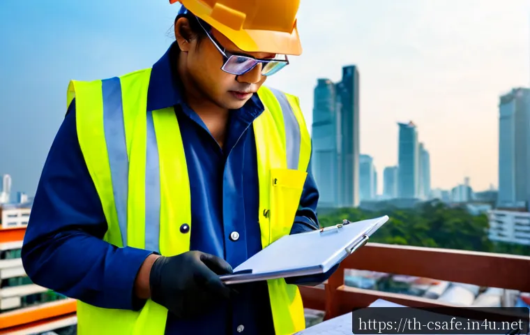 Home 29 건설안전기사 자격증 취득 후 진로 - Photorealistic Thai construction safety professional wearing a hard hat, reflective vest, safety gla...