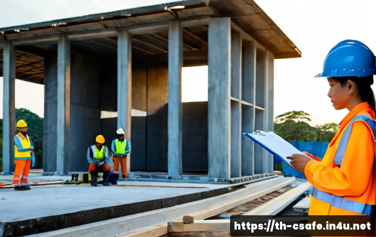 Home 30 건설안전기사로 건설현장 관리자가 되는 법 - Photorealistic Thai construction site manager in a clean safety helmet, reflective vest, long-sleeve...