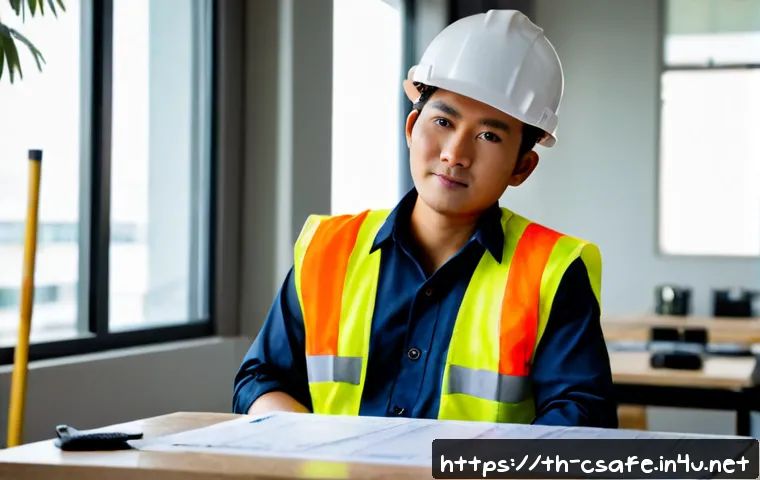 Home 29 건설안전기사로 성공한 전문가 인터뷰 - Photorealistic editorial interview portrait of a successful Thai construction safety professional in...