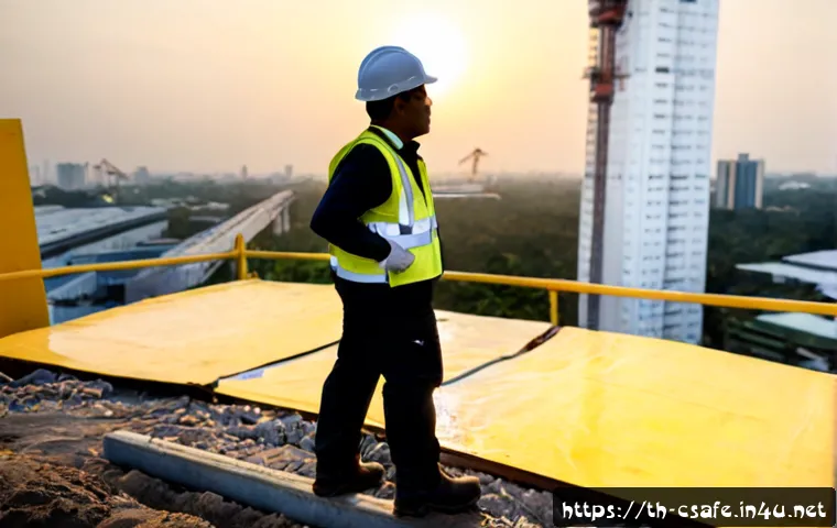 건설안전기사 자격증의 미래 전망 - Photorealistic modern Thai construction site at sunrise, confident Southeast Asian safety engineer w...