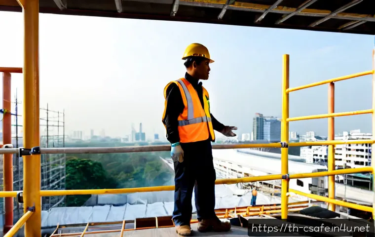 건설안전 실무자의 현장 이슈 해결 경험 - Photorealistic Thai construction safety professional in a reflective vest, hard hat, long-sleeved wo...