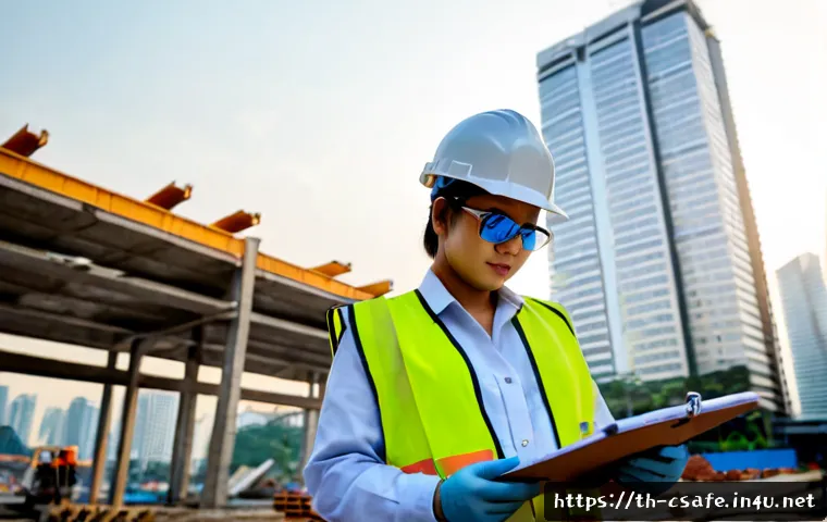 건설안전기사로 인정받는 커리어 만들기 - Photorealistic Thai construction safety professional wearing a clean hard hat, reflective vest, long...