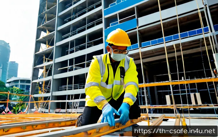 건설안전기사 실기시험 준비를 위한 필수 정보 - Photorealistic Thai construction safety practical exam preparation scene, adult trainee wearing a ye...